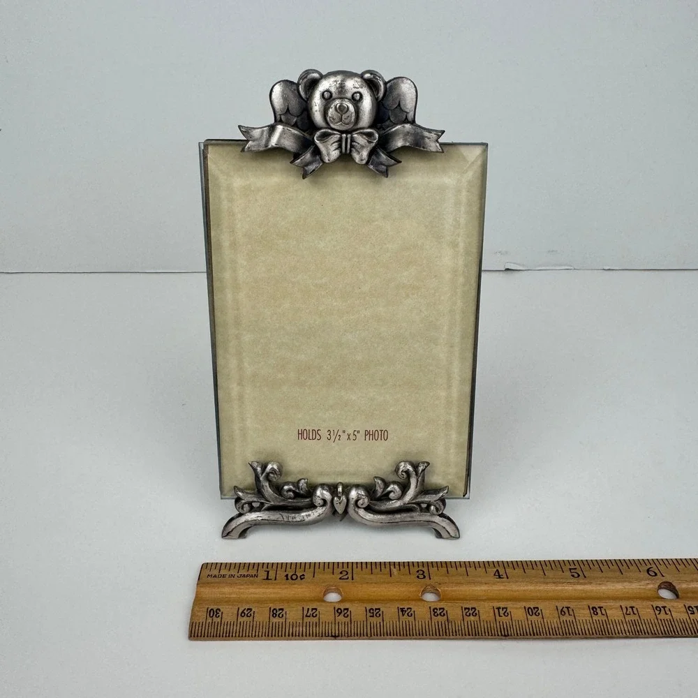 Vtg Tabletop Teddy Bear Angel Ribbon Filigree Photo‎ Pic Frame Pewter Metal READ
